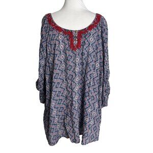 Catherines Womens Blouse 2X 22/24W Applique Diamond Print Tab Sleeves Cotton